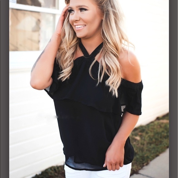 𝅺black off shoulder blouse with tie detail - Picture 1 of 2